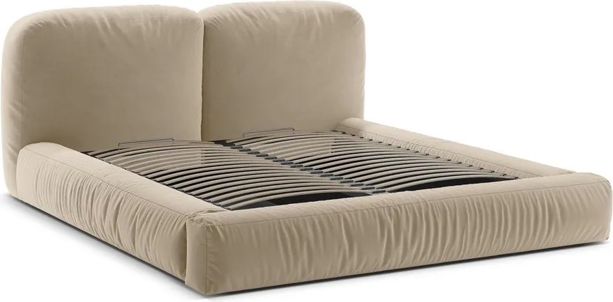 Pat matrimonial bej tapițat cu spațiu de depozitare cu somieră 200x200 cm Martina – Micadoni