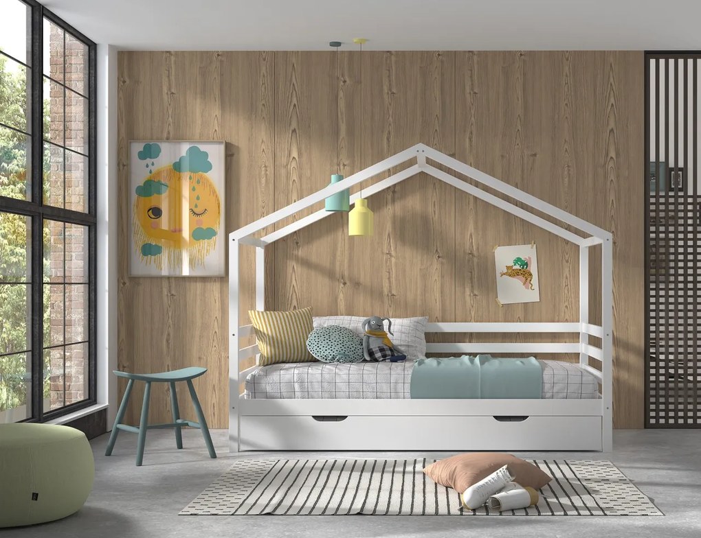 Pat Căsuță cu Design Modern, cu Sertar, Alb, Pin Masiv – Dallas – Vipack