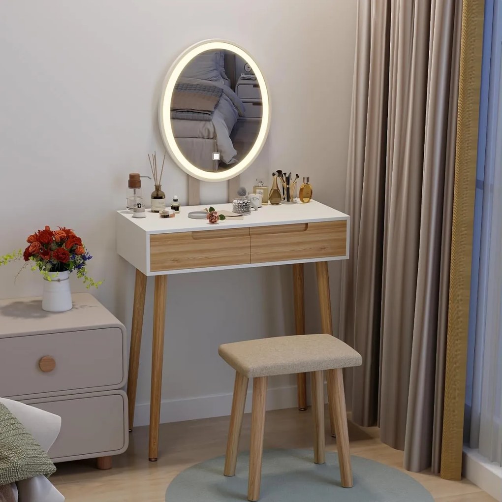 SEM235 - Set Masa toaleta, 70 cm, cosmetica machiaj, oglinda cu LED, masuta vanity, scaun tapitat - Alb - Maro