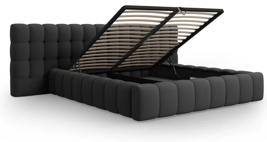 Pat matrimonial negru tapițat cu spațiu de depozitare cu somieră 200x200 cm Mamaia – Micadoni Home