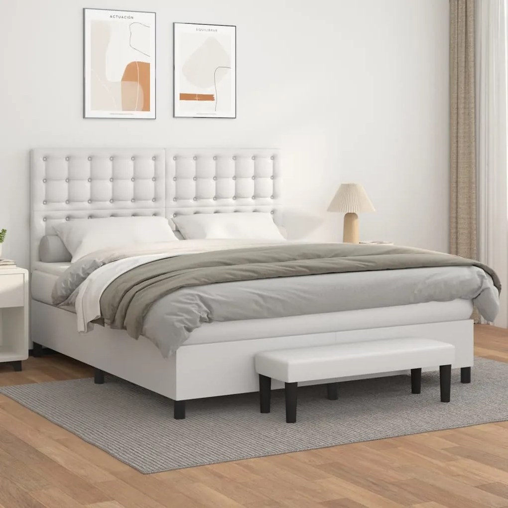 3137678 vidaXL Pat box spring cu saltea, alb, 180x200 cm, piele ecologică