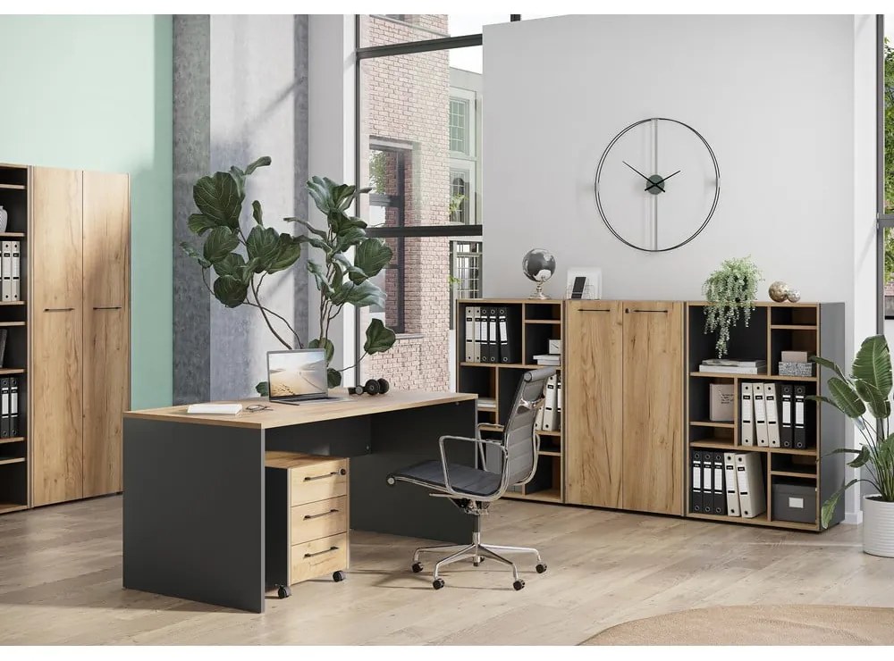 Bibliotecă gri antracit/în culoare naturală cu aspect de lemn de stejar 75x196x40 cm Podium – Germania