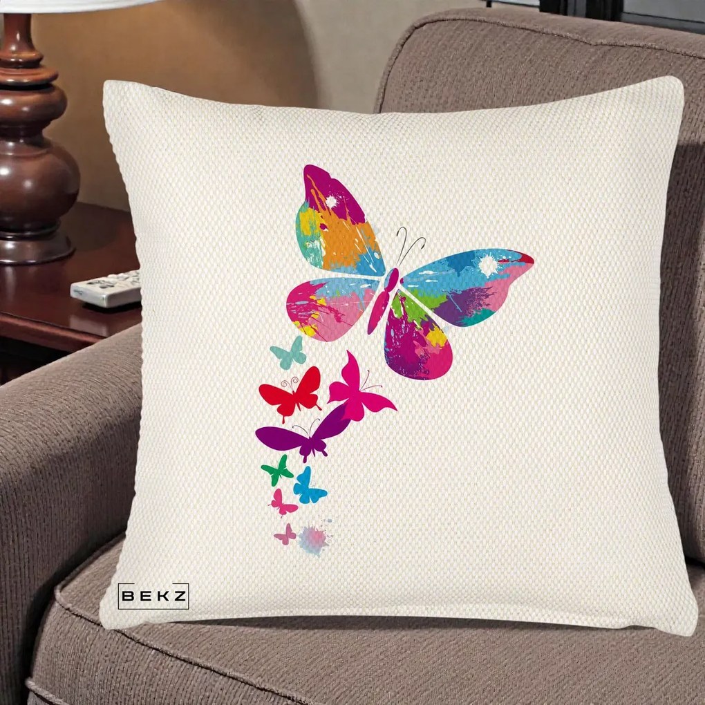 Perna Decorativa Fluturi Splash, 40x40 cm, Crem Reliefat, Husa Detasabila, Perna Inclusa, BEKZ®