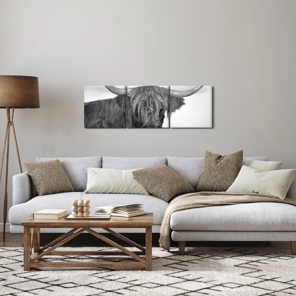 Tablou - Vacă scoțiană 2,alb-negru (cu ceas) (90x30 cm)