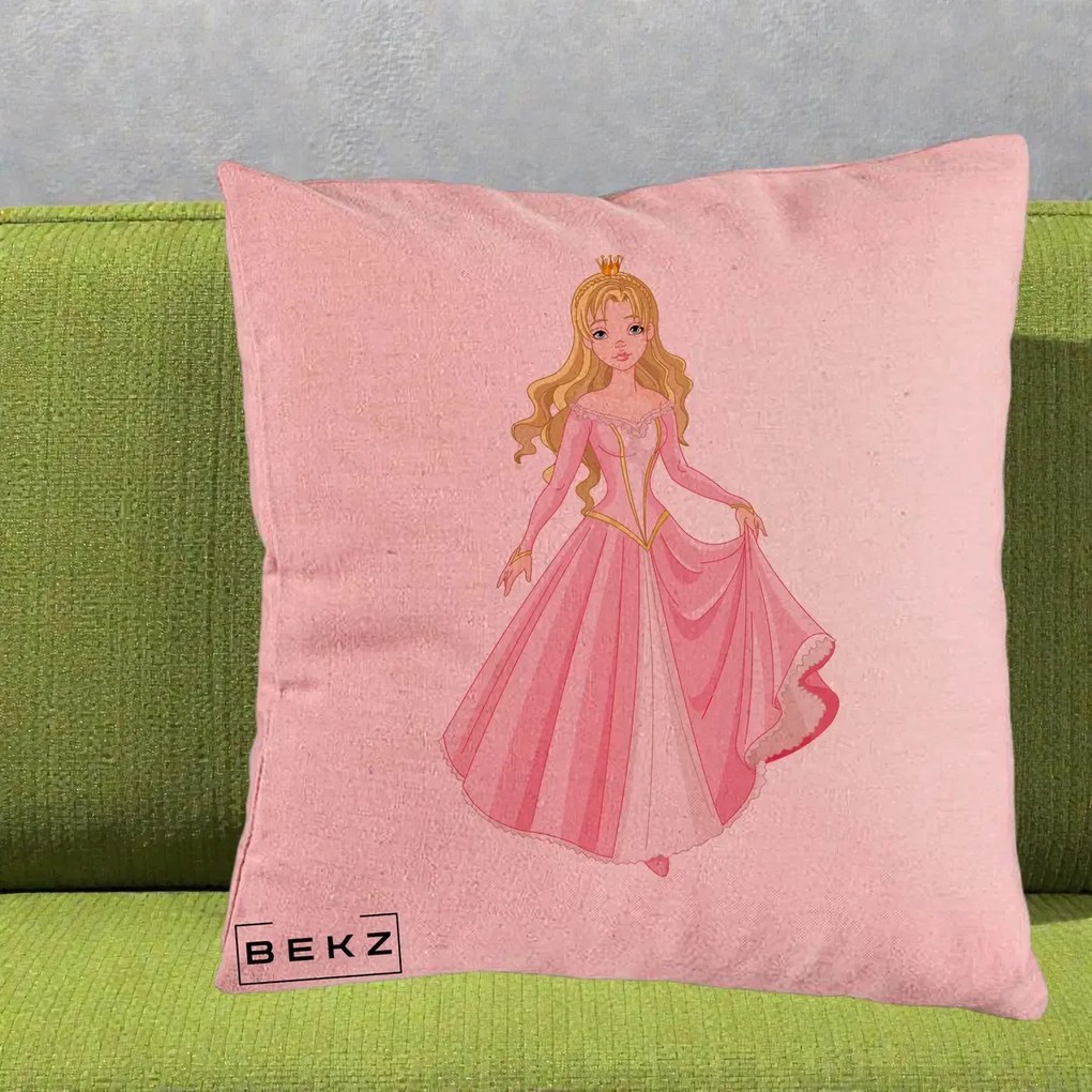 Perna Decorativa Printesa Aurora Rochie Roz, 40x40 cm, Roz, Husa Detasabila, Perna Inclusa, BEKZ®
