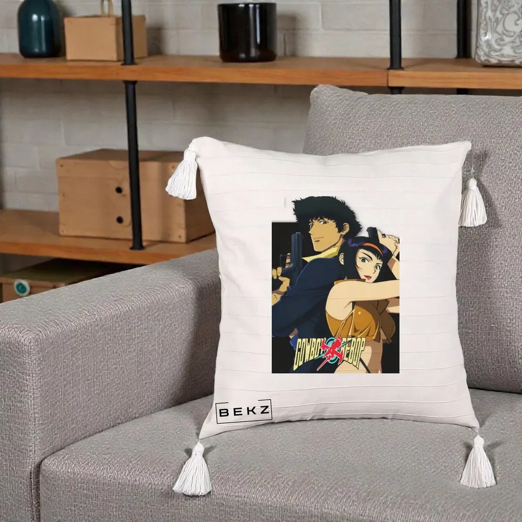 Perna Personalizata Cowboy Bebop Spike si Faye Poster, 40x40 cm, Bej cu Franjuri, Husa Detasabila, Perna Inclusa, BEKZ®