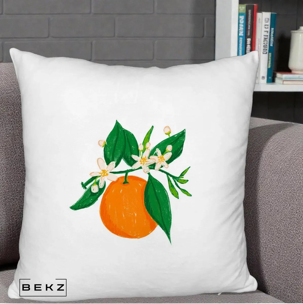 Perna Decorativa Portocala in Floare, 40x40 cm, Alb Pufos, Husa Detasabila, Perna Inclusa, BEKZ®