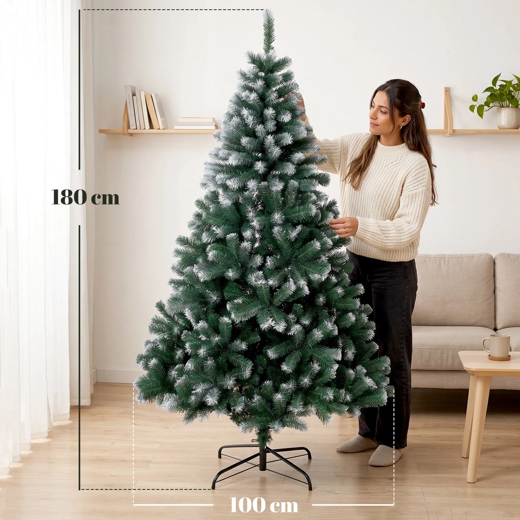 HOMCOM Brad de Crăciun cu 700 Ramuri Ignifuge, Efect Înzăpezit Realist și Bază din Oțel, 100x100x180 cm, Verde | Aosom Romania