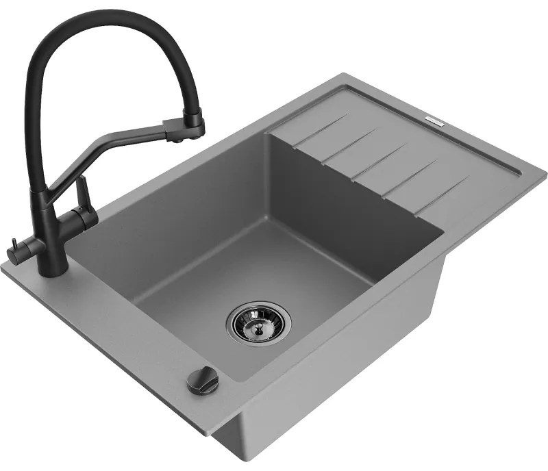 Mexen Elias chiuvetă din granit cu 1 compartiment și scurgător și baterie de bucătărie Duo, gri - 6511-71-671701-70-B