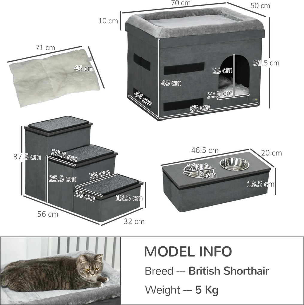 PawHut Casă pentru pisici, cușcă pentru pisici, grotă pentru pisici, 3 trepte pentru animale, 2 boluri de hrănire, 70 x 50 x 51 cm, Gri | Aosom Romania