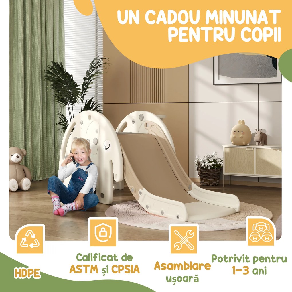 AIYAPLAY Tobogan pentru Copii 3 în 1, Tobogan din Plastic cu Coș și Design de Elefant, 163x57x75 cm, Alb Crem | Aosom Romania