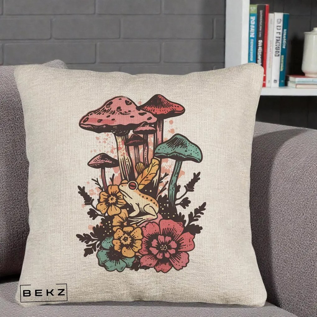Perna Decorativa Ciuperci si Broaste Boho, 40x40 cm, Bej Canapea, Husa Detasabila, Perna Inclusa, BEKZ®