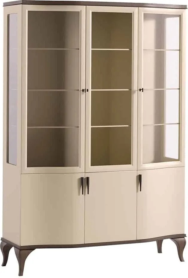 Vitrină lemn masiv nuc cu trei usi Leona Crem-, 142 × 51 × 205 cm