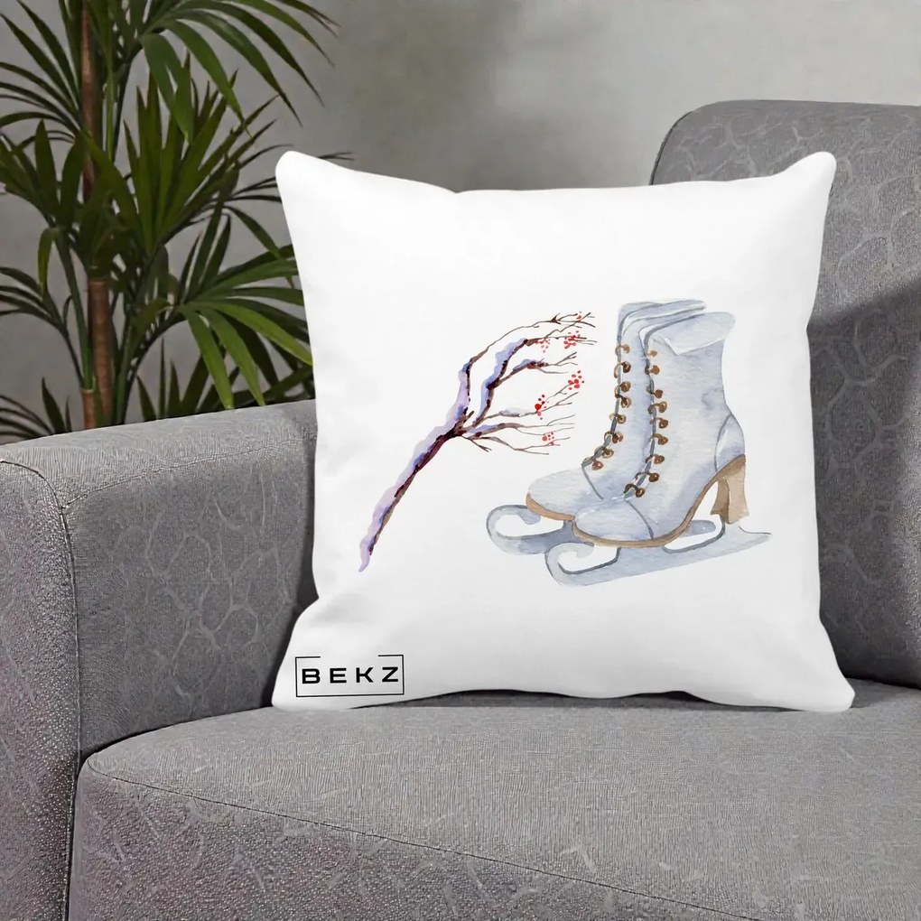 Perna Decorativa Patine cu Ramuri Inzapezite, 40x40 cm, Alba Mata, Husa Detasabila, Perna Inclusa, BEKZ®