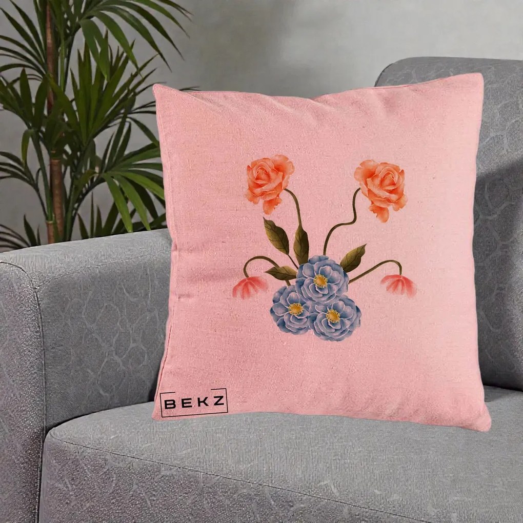 Perna Decorativa Trandafiri si Bujori Acuarela, 40x40 cm, Roz, Husa Detasabila, Perna Inclusa, BEKZ®
