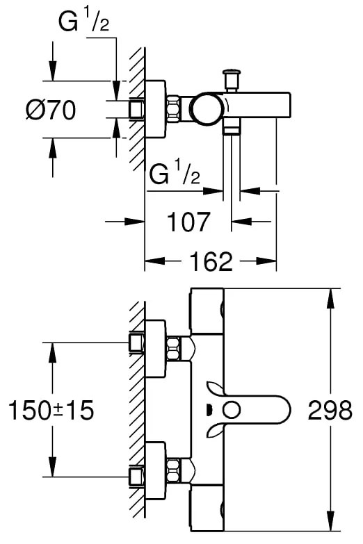 Baterie cada/dus Grohe Grohtherm 800 Cosmo ,termostat,crom,montare perete-34766000