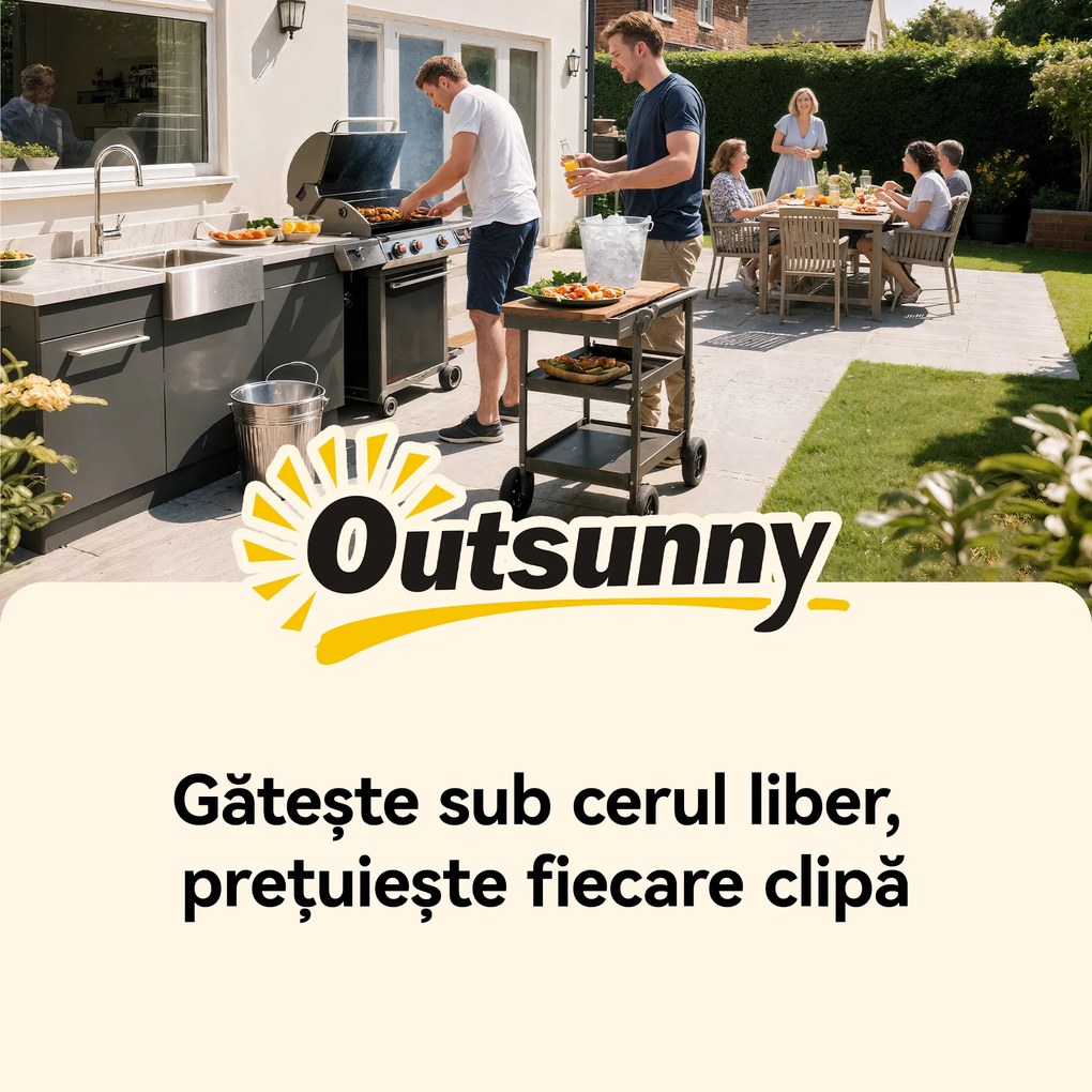 Outsunny Troller pentru Grătar de Exterior cu Blat din Oțel Inoxidabil, 4 Cârlige, Mâner și Roți Blocabile, Negru | Aosom Romania