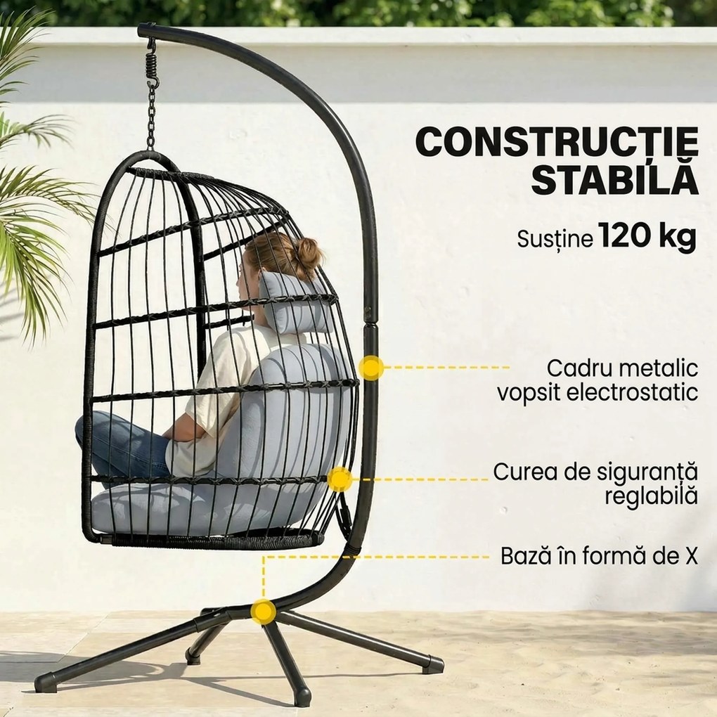 Outsunny Scaun Suspendat Tip Ou, Leagăn pentru Exterior cu Suport și Centură de Siguranță, Negru/Gri Deschis | Aosom Romania