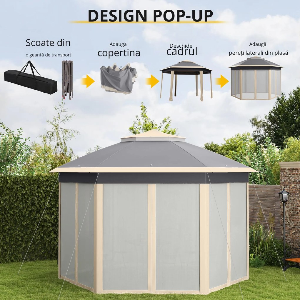 Outsunny Pavilion 4x4m impermeabil pop-up pavilion pliant hexagonal, acoperiș dublu, pavilion de grădină cu 6 părți laterale, cort de petrecere incl. husă de transport, pentru grădină, terasă, festival, Bej+Kaki | Aosom Romania