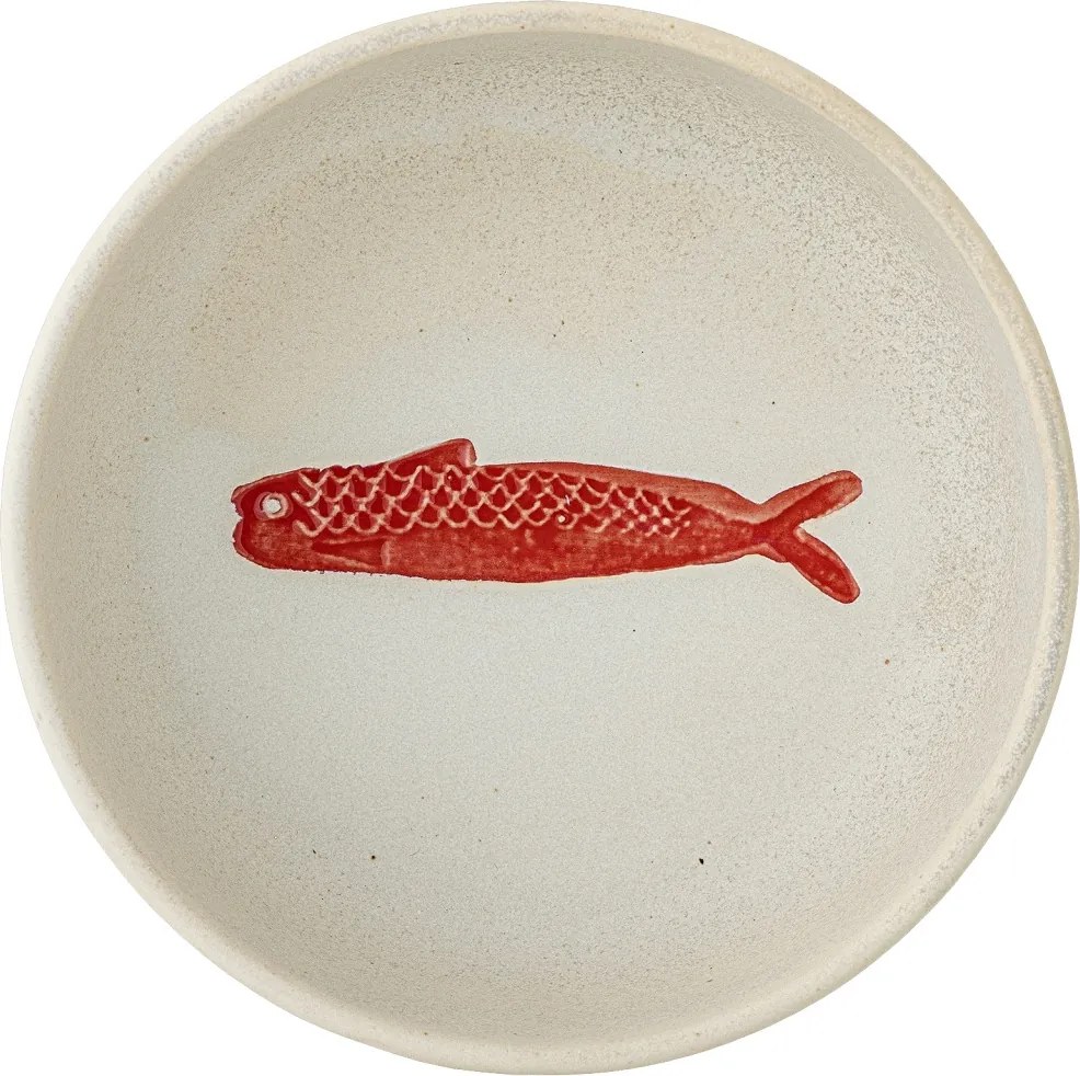 Set 4 boluri din ceramică artizanală alba si pește sculptat în relief, roșu, 14.5×5 cm, „Hadden"