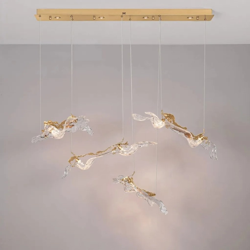 Lustra liniara cu pendule LED otel auriu si sticla transparenta AVESA