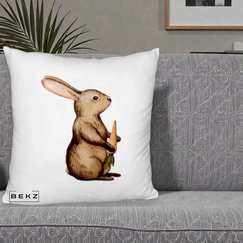 Perna Decorativa Iepuras Acuarela cu Morcov, 40x40 cm, Alb Pufos, Husa Detasabila, Perna Inclusa, BEKZ®