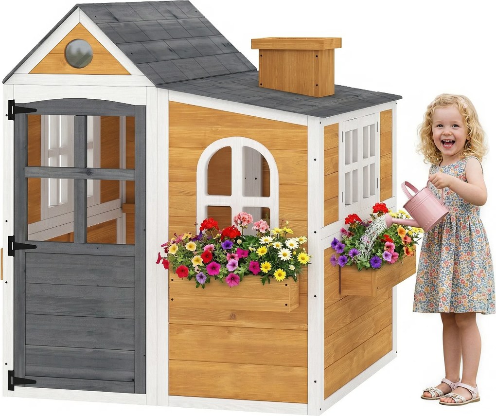 AIYAPLAY Căsuță exterioară pentru copii din lemn, casă pentru copii exterior/interior cu ușă, ferestre, 3 jardiniere, galben | Aosom Romania