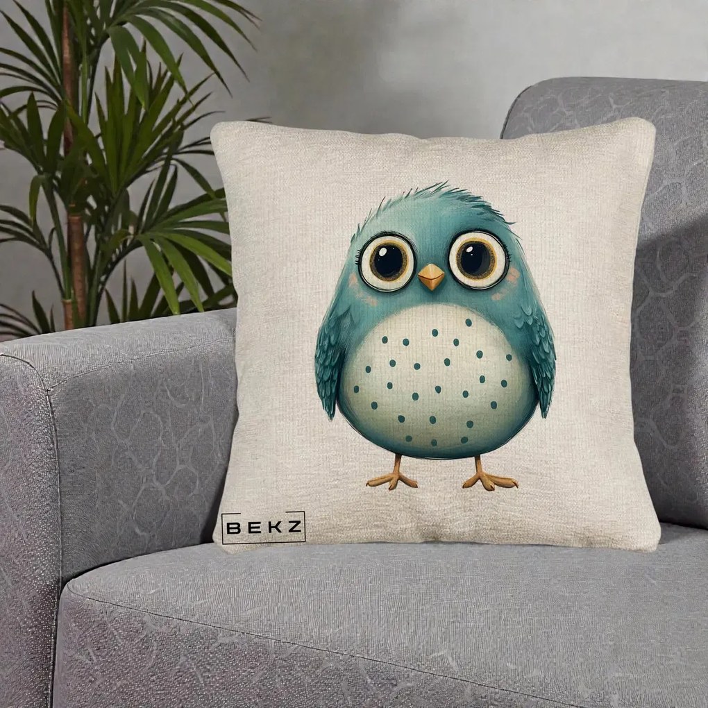 Perna Decorativa Pasare Teal cu Buline Teal, 40x40 cm, Bej Canapea, Husa Detasabila, Perna Inclusa, BEKZ®