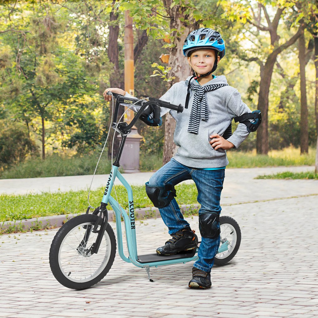 HOMCOM Kinderroller ab 5 jahre Scooter Tretroller Cityroller Kinder Roller Kickboard cu roti gonflabile 16/12 inci Albastru 135 x 58 x 88-94 cm | Aosom Romania