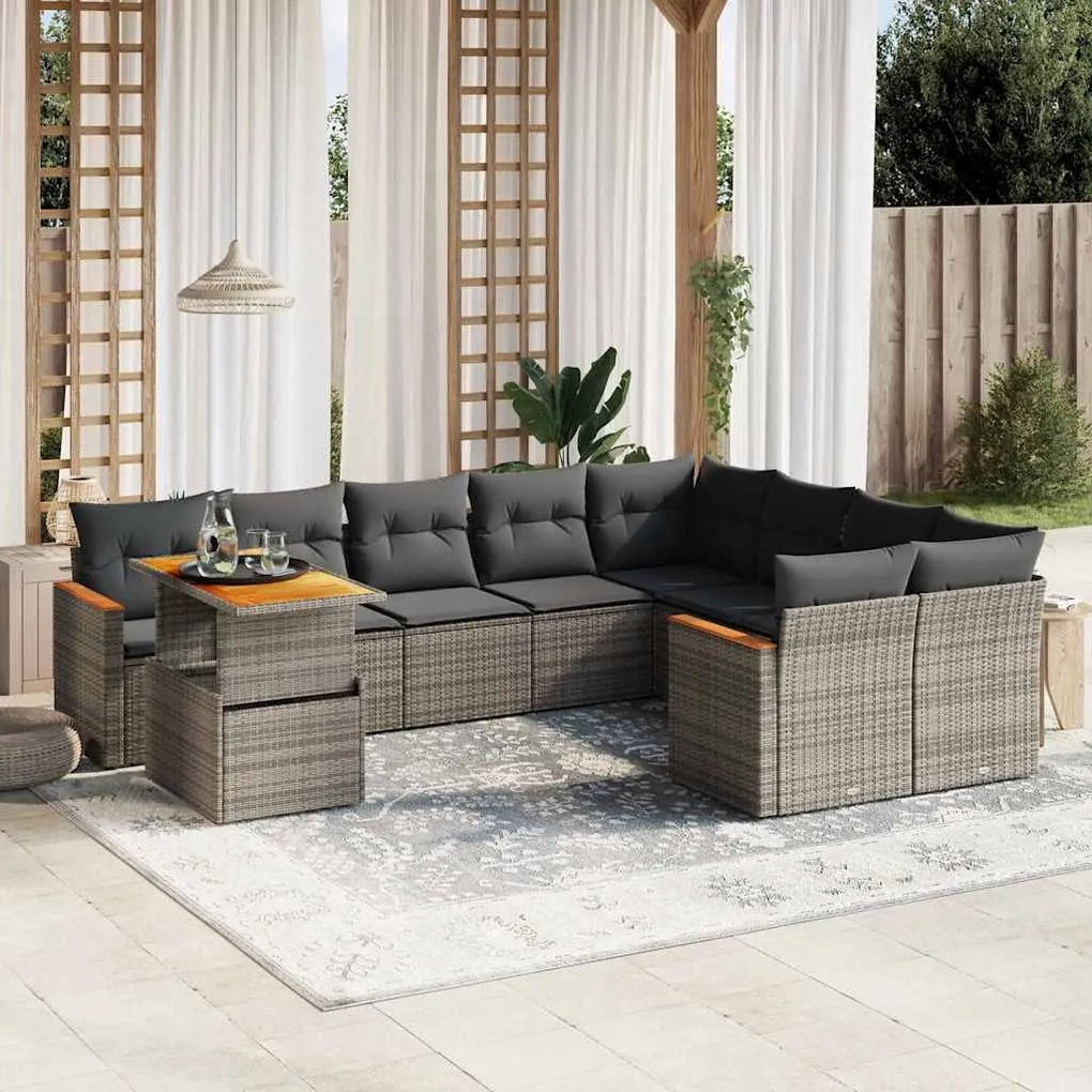 vidaXL Set mobilier de grădină cu perne, 10 piese, gri, poliratan