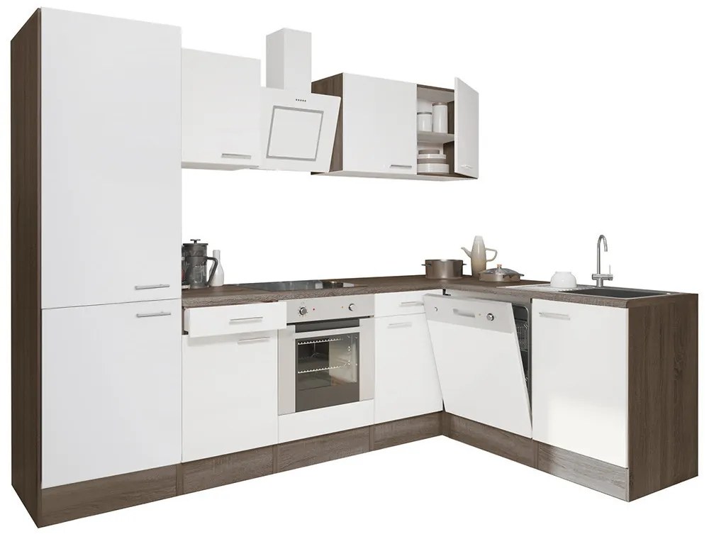 Mobilă de bucătărie de colț Yorki 280, corp din stejar Yorki, față alb satinat cu element inferior al cuptorului, dulap cu raft