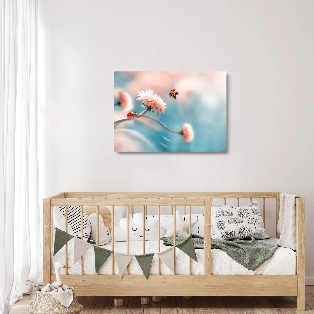 Tablou pe sticlă - Buburuze pe floare (70x50 cm)