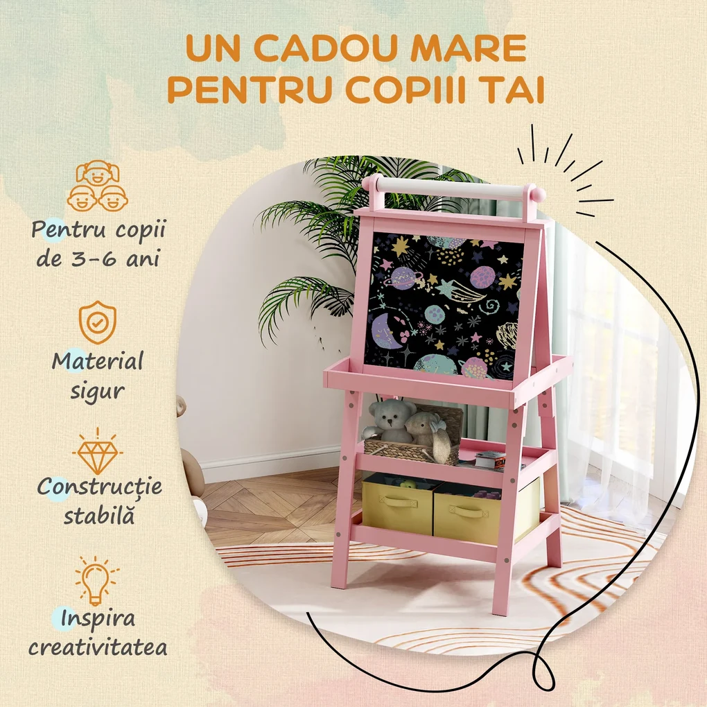 AIYAPLAY Tablă de Desen Dublă Pentru Copii 3-6 Ani, 59x48x118 cm, Roz | Aosom Romania