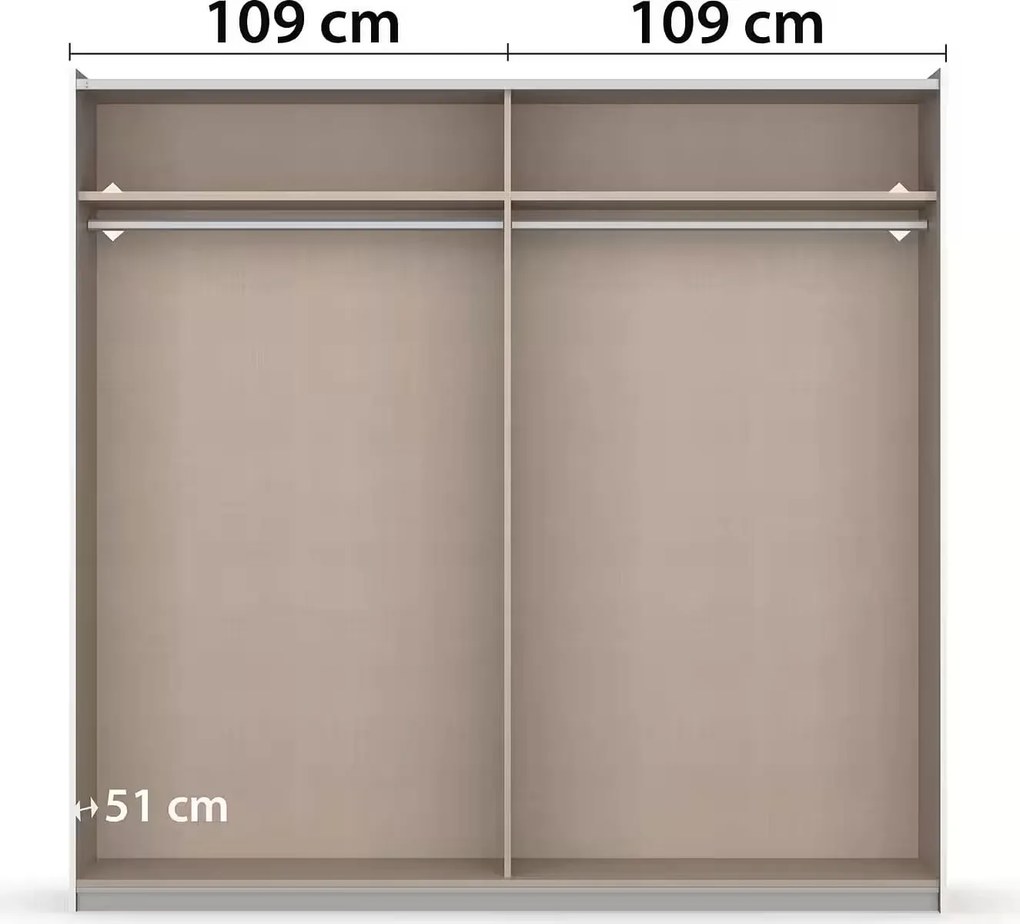 Dressing 218 cm lățime, 2 uși glisante, culoare alb-negru, compartimentare premium opțională, 210 cm înălțime