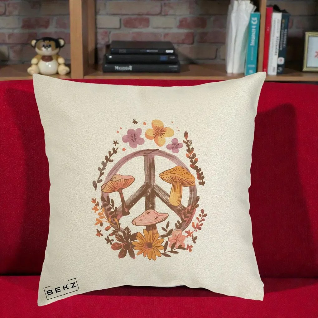 Perna Decorativa Peace Sign Ciuperci Floral, 40x40 cm, Ecru, Husa Detasabila, Perna Inclusa, BEKZ®