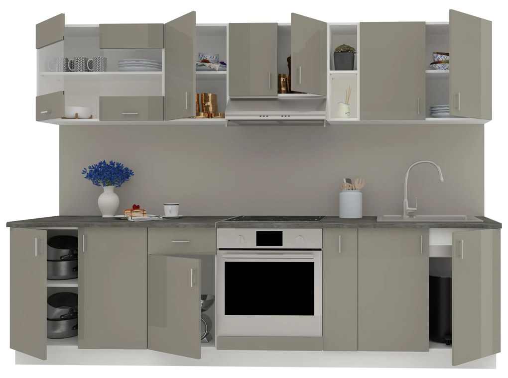 Set Bucatarie Karo V21, Gri Lucios/Alb, MDF, Blat Thermo 28 mm, L 280 cm