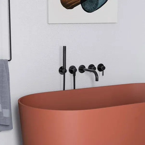 Baterie cada - dus incastrata Omnires Y 5 orificii negru cu corp ingropat si set de dus