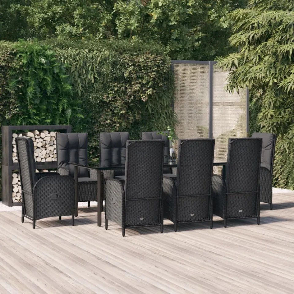 Set mobilier de grădină cu perne, 9 piese, negru, poliratan