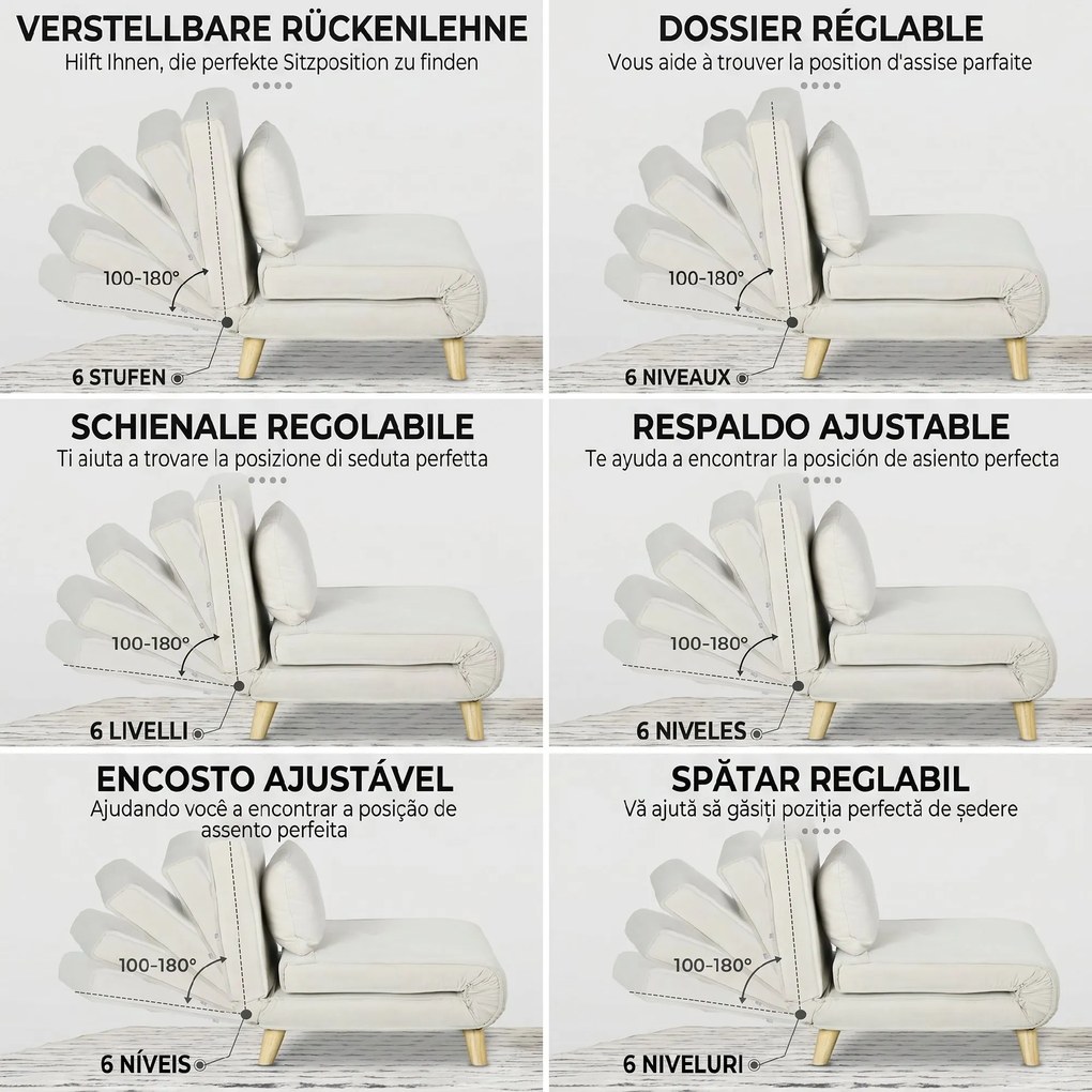 HOMCOM Fotoliu Pat Individual 2 în 1 cu Spătar Reglabil pe 6 Nivele și Pernă, Canapea Pat Individuală, 72x78x79 cm, Bej | Aosom Romania