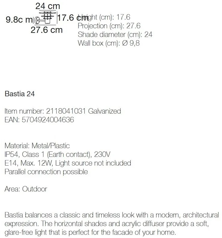Aplica de perete pentru ilumninat exterior IP54, Bastia 24 galvanizat 2118041031 NL