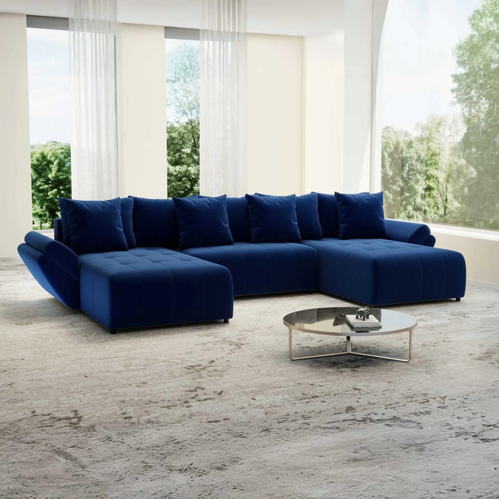Colțar extensibil dumonde cu ladă de depozitare si sezut confortabil din spuma high-density, Berlin U Royal Blue 380x180 cm
