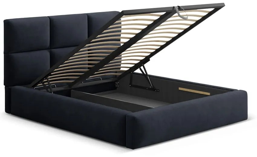 Pat matrimonial albastru închis tapițat cu spațiu de depozitare cu somieră 160x200 cm Libera – Windsor & Co Sofas