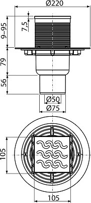 Sifon pardoseala 105Ã 105 50 75 mm iesire verticala, gratar din otel inoxidabil, sistem de retinere a mirosurilor umed APV202