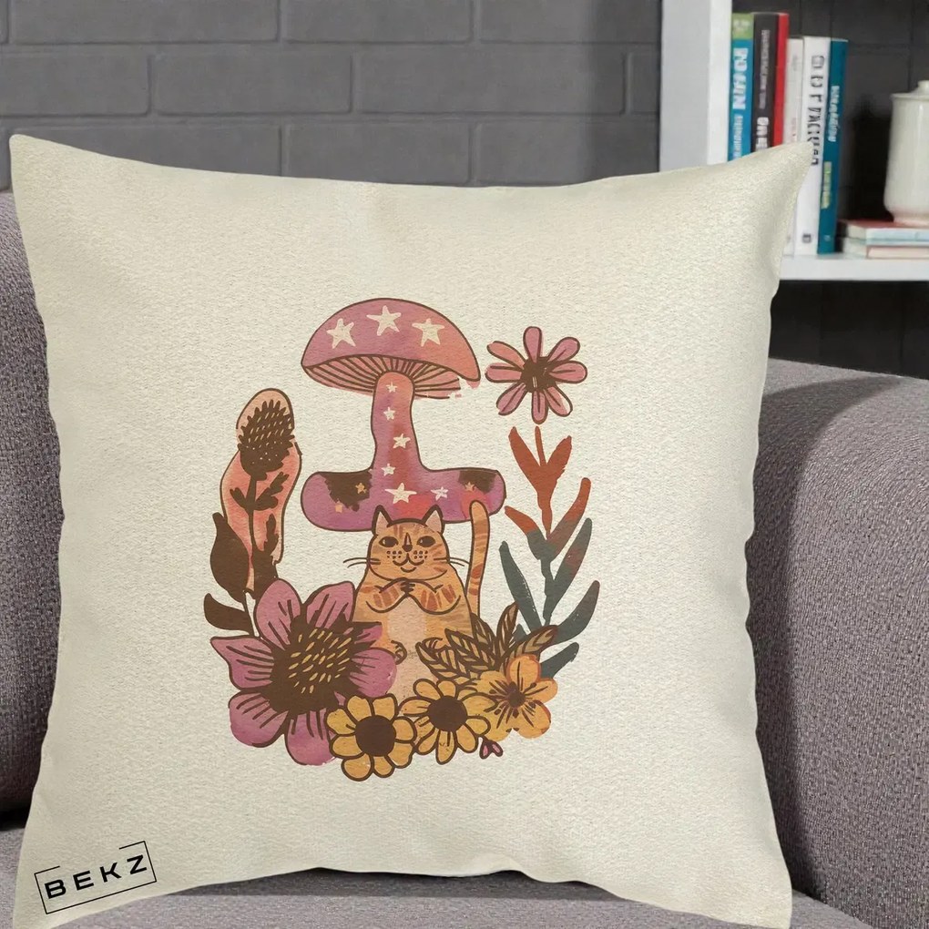Perna Decorativa Ciuperca Pisica Boho, 40x40 cm, Ecru, Husa Detasabila, Perna Inclusa, BEKZ®