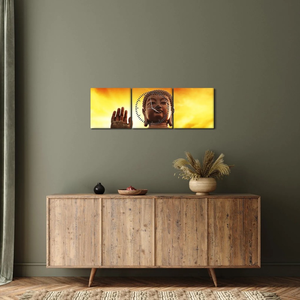 Tablou - Buddha cu fundal roșu și galben (cu ceas) (90x30 cm)