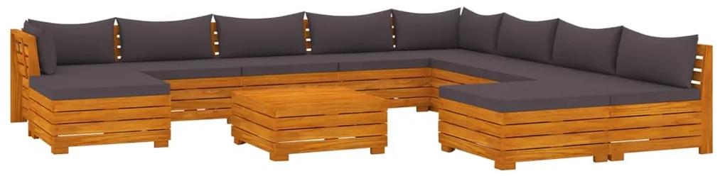 Set mobilier gradina cu perne, 11 piese, lemn masiv de acacia Morke gra, 3x colt + 5x mijloc + 2x suport pentru picioare + masa, 1