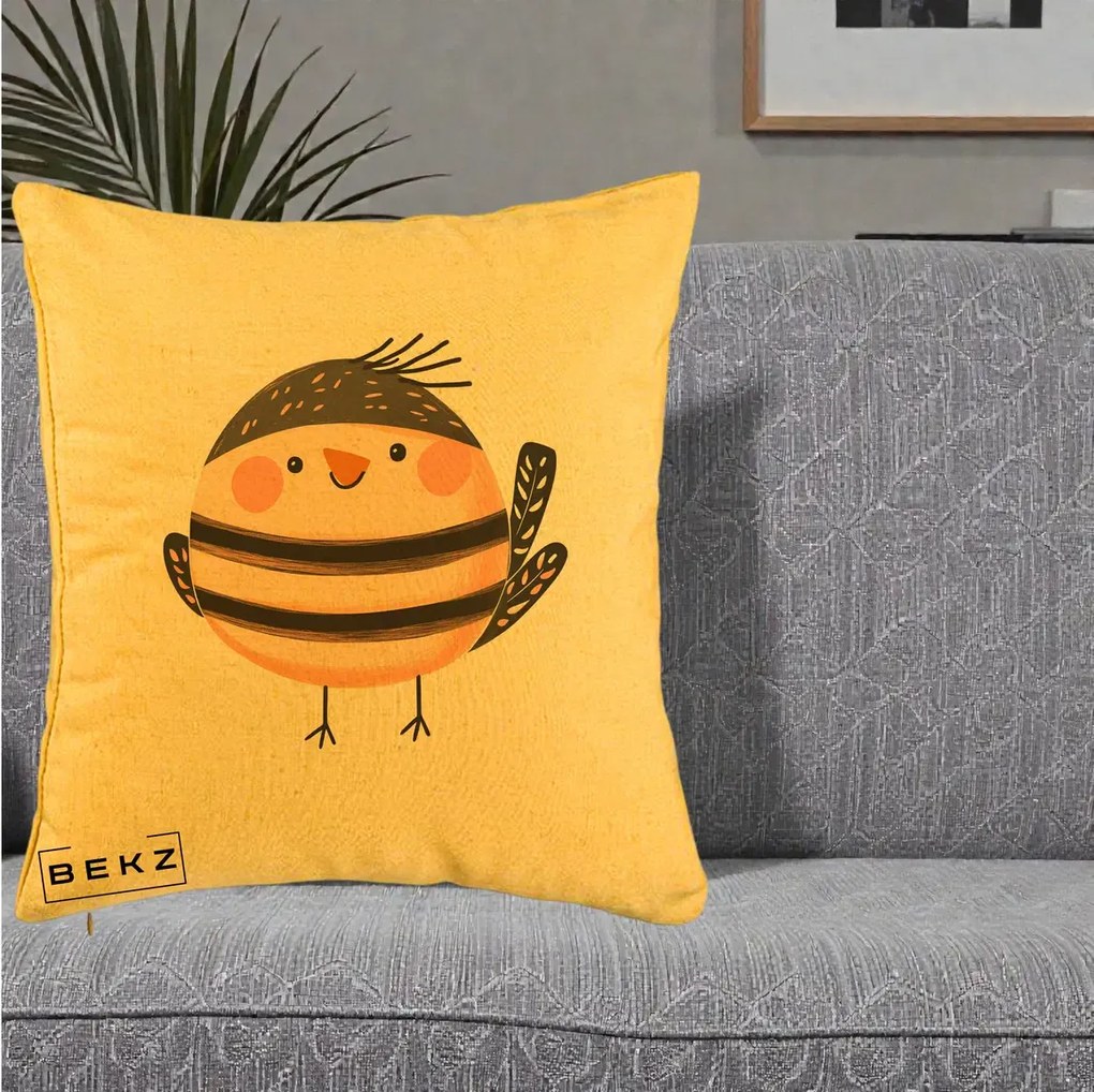 Perna Decorativa Pui Kawaii Bej-Negru Dungat, 40x40 cm, Galben, Husa Detasabila, Perna Inclusa, BEKZ®