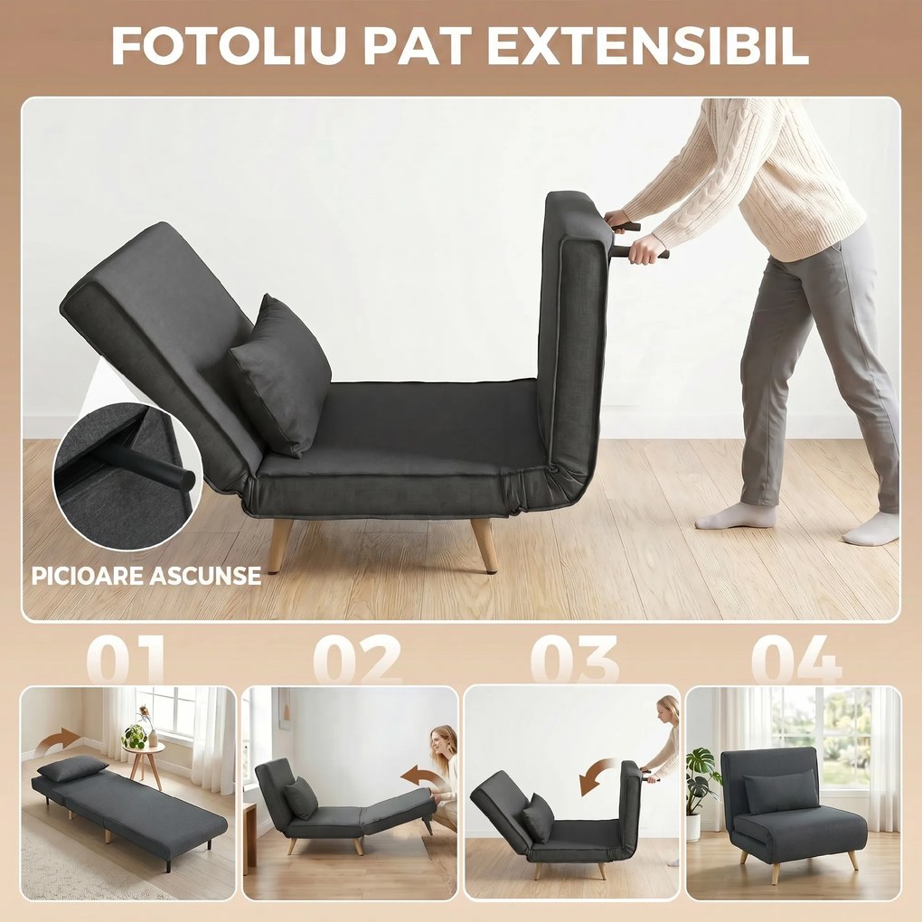 HOMCOM Fotoliu Extensibil 3 în 1 cu Spătar Reglabil pe 3 Niveluri și Pernă, Material Textil cu Aspect de In, Gri | Aosom Romania