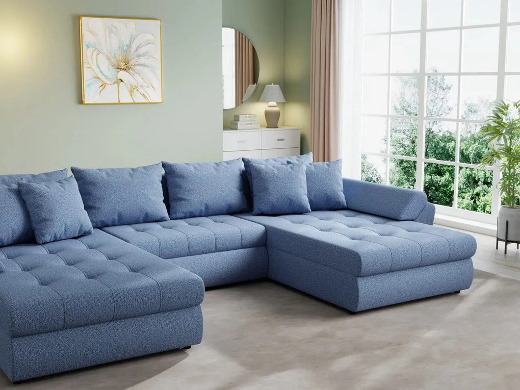 Colțar extensibil  dumonde cu ladă de depozitare si sezut confortabil din spuma high-density, Loana U Enjoy Blue 355x185 cm