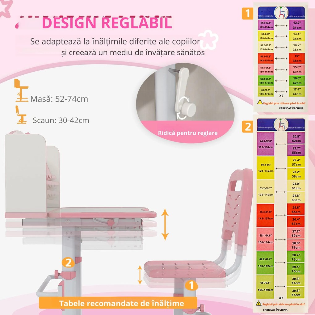 Set Birou si Scaun pentru Copii Reglabil in Inaltime cu Sertar, Raft pentru Carti, pentru 6-12 ani - Roz ZONEKIZ | Aosom Romania
